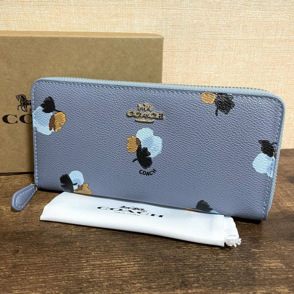 Coach Light Blue Floral Zip Wallet with 11 pockets